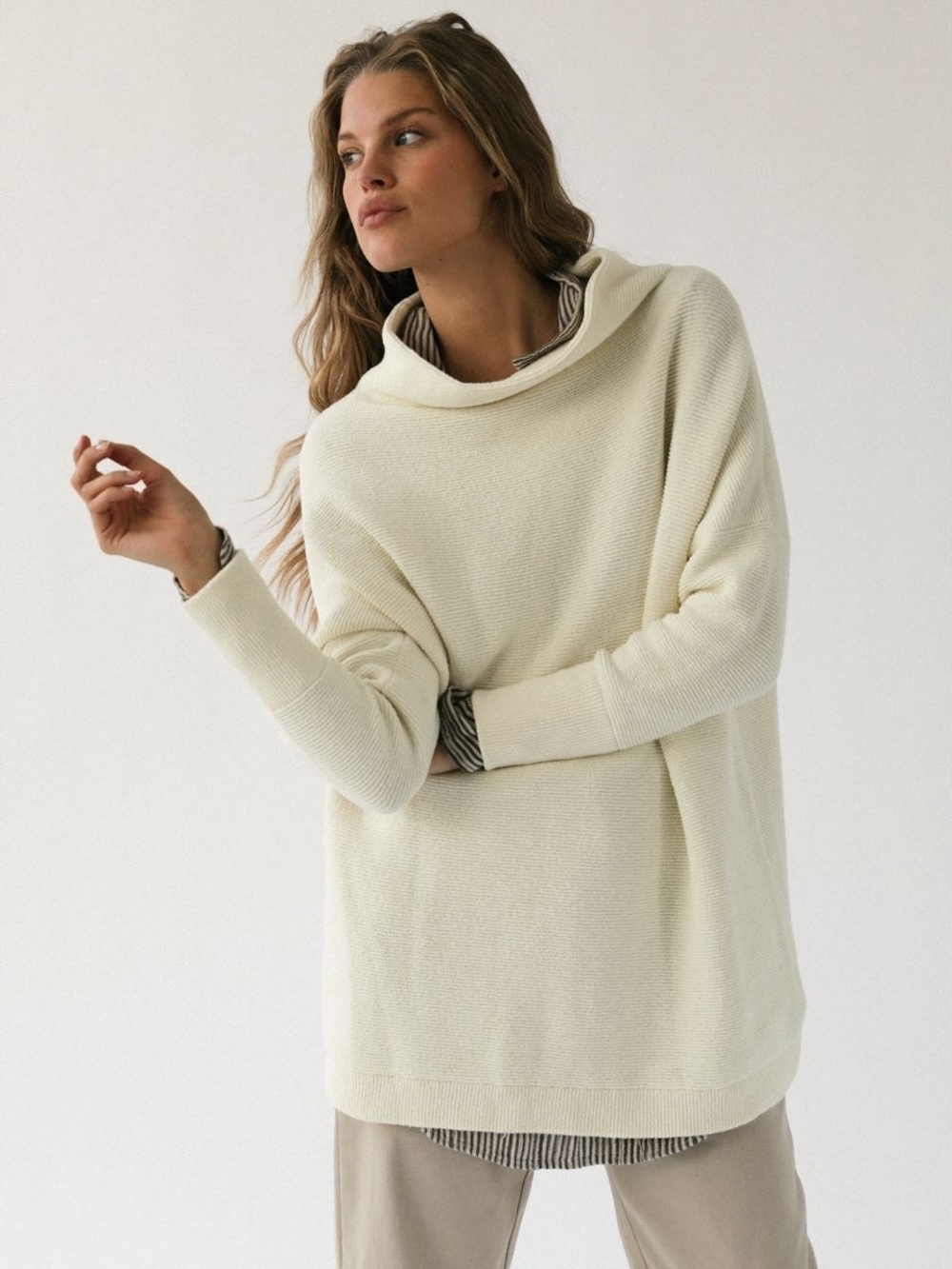 Free People Ottoman Slouchy Tunic Cream White Funnel Neck Oversized Sweater Sz S